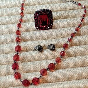 3 Piece Red & Gunmetal Retro Costume Jewelry Lot Necklace, Earrings, Ring
